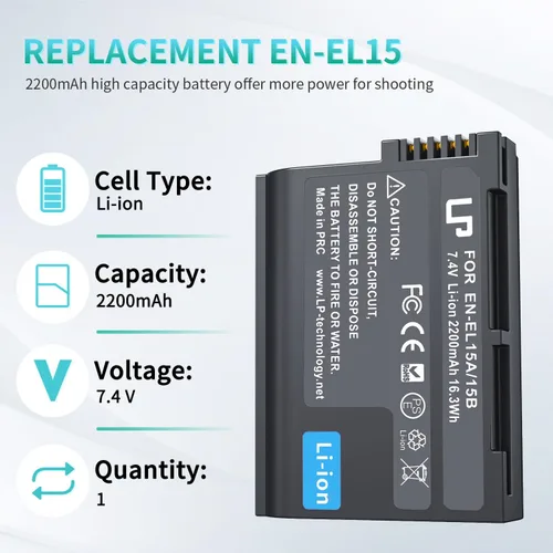 Vista 2 de LP EN-EL15C Batería de Reemplazo, 2200 mAh EN-EL15a/EN-EL15b Batería Compatible con Nikon D7500, D7200, D7100, D7000, D850, D750, D500, D810a, D810