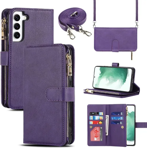 Vista 18 de Cavor Funda tipo cartera cruzada para Samsung Galaxy S22 Plus, color negro Funda de cuero con cierre magnético con cremallera y función atril TPU