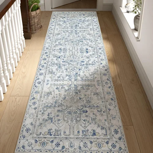 Vista 266 de jinchan Lima - Alfombra simétrica floral geométrica lavable, alfombra de entrada de medio círculo de 2 x 3, alfombra de media luna, suave y Azul