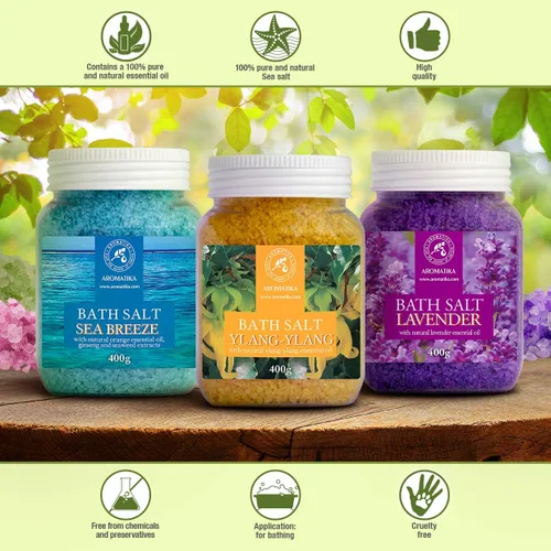 Vista 2 de Juego de sales de baño de 42 onzas - Lavanda - brisa marina - Ylang-Ylang - Aceite esencial 100% natural - Lo mejor para un buen sueño - Alivio