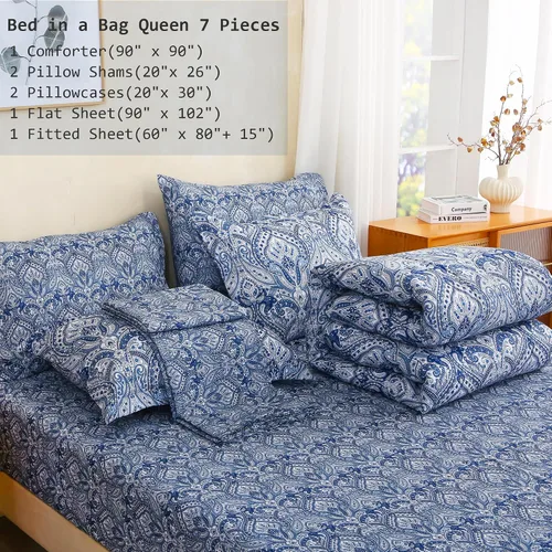 Vista 7 de lasoftan Juego de edredón floral Queen con sábanas, ropa de cama vintage de lujo de 7 piezas, ropa de cama de microfibra suave en una bolsa, juego