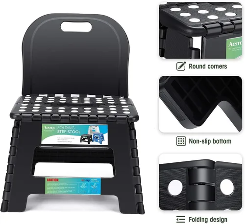 Vista 3 de ACSTEP Taburete plegable, incluye taburete extra ancho y resistente y soporte para la espalda, taburete plegable negro
