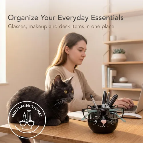 Vista 2 de Soporte y jarrón para lentes de gato, soporte de cerámica para gafas de sol y lentes de gato negro, organizador de decoración y exhibición de regalo
