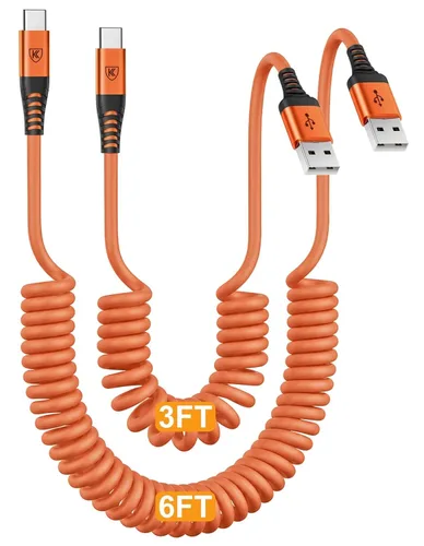 Vista 7 de Cable de carga USB tipo C de carga rápida, [2 paquetes, 3 pies] Cable de carga USB A a tipo C enrollado para automóvil USB-C compatible con iPhone