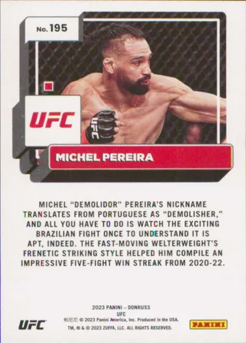 Vista 2 de Tarjeta comercial oficial de MMA de Donruss UFC #195 Michel Pereira 2023