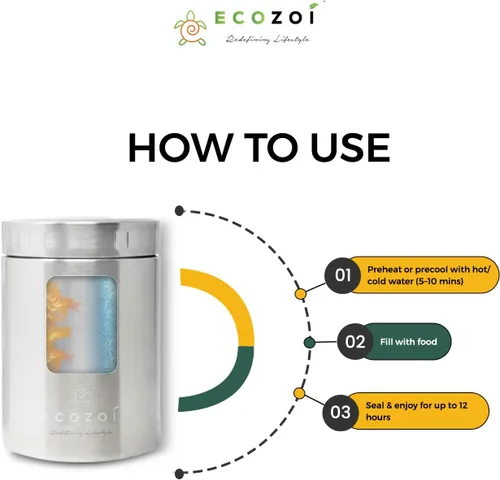 Vista 6 de ecozoi Lonchera aislada de acero inoxidable, tarro de alimentos aislado al vacío, 17 onzas + tenedor + bolsa de almuerzo