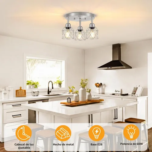 Vista 4 de Baocuz Lámpara de techo semiempotrada de níquel cepillado de 3 luces, luminarias de cocina ajustables montaje al techo base E26, luces de techo