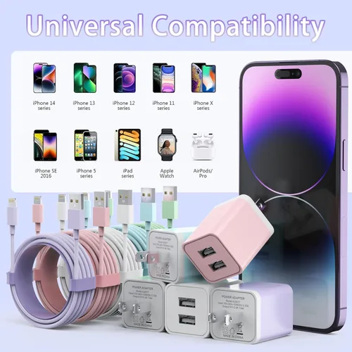 Vista 6 de iGENJUN Paquete de 5 cargadores de iPhone, adaptador de bloque de cargador de pared USB de doble puerto con cable Lightning largo de 6 pies, cables