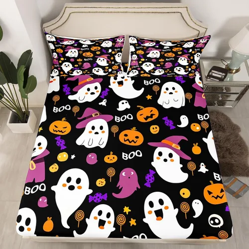 Vista 37 de Juego de sábanas bajeras con bonito diseño de gato negro para niños y niñas, diseño de dibujos animados de Halloween, gato, animales, sábanas