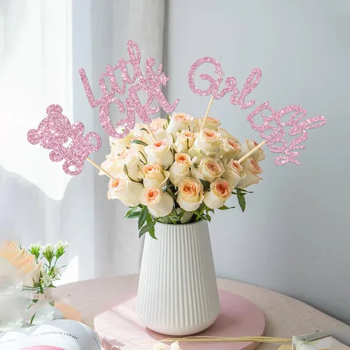 Vista 6 de 12 palos de centro de mesa para niña, oso de muñeca rosa con purpurina para niña, baby shower, suministros para fiesta de revelación de género