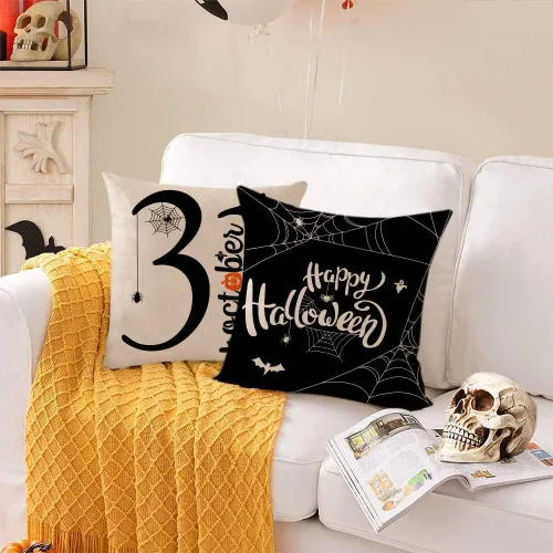 Vista 4 de Fundas de almohada de Halloween de 12 x 12 pulgadas, juego de 4 fundas de almohada decorativas con diseño de truco o trato, fundas de almohada