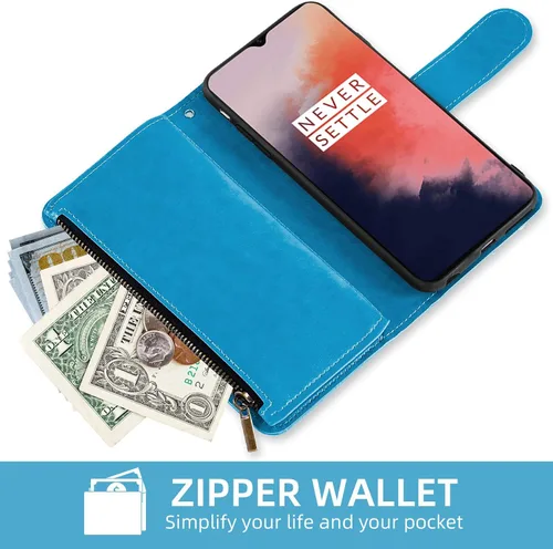 Vista 5 de Asuwish Funda de teléfono para OnePlus 7 6T Wallet Cell Cover con protector de pantalla con correa para la muñeca Mandala Flower Card Holder