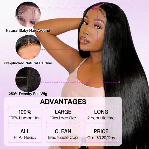 Vista 2 de Pelucas de encaje frontal HD de 13 x 6 pulgadas, densidad del 250 %, cabello humano 100% humano, sin pegamento, pelucas de cabello humano lacio