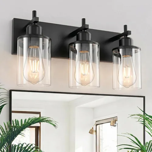 Vista 9 de Lanhall Lámpara de baño de 3 luces, estilo granja, vintage, sobre espejo, de metal pintado en madera y negro con pantalla de cristal, enchufe E26