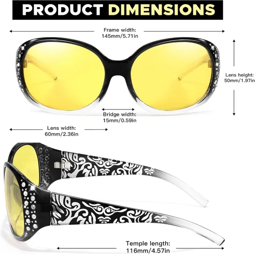 Vista 25 de LVIOE Gafas de conducción de visión nocturna envolventes antirreflejos con lente amarilla polarizada para mujer