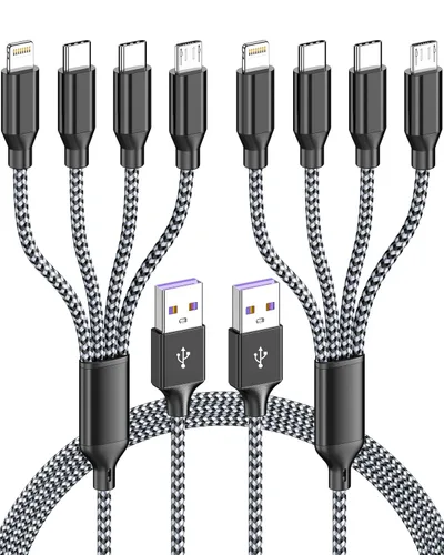 Vista 8 de Doub Tyep-C 4 en 1 cable de carga múltiple de 4 pies, cable de carga de nailon trenzado Lightning para iPhone, cable de carga universal con tipo C
