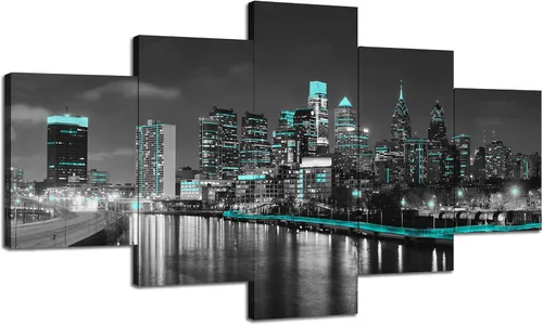 Vista 21 de Cawpom Arte de pared de Los Ángeles en blanco y negro, cuadro decorativo para pared, diseño de horizonte de Los Ángeles, póster de palmera, marco