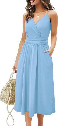 Vista 18 de Ouges Vestido corto de verano para mujer, con cuello en V, tirantes delgados, estampado floral y bolsillos, de fiesta