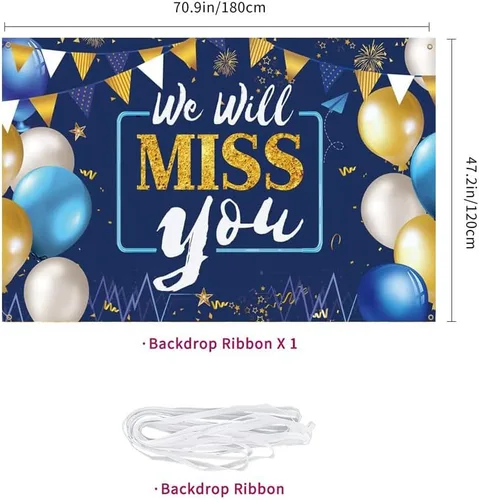 Vista 2 de Decoraciones de fiesta con texto en inglés "We Will Miss You", pancarta de fondo para fiesta de jubilación, pancarta de despedida de oficina, fiesta