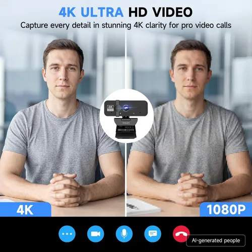 Vista 2 de PHILIPS Cámara web 4K para PC con micrófono, cámara de computadora para reuniones con cubierta de privacidad, cámara web USB Plug & Play