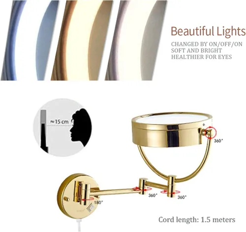 Vista 3 de Gold Wall-Mounted Makeup Mirror,8 inch Magnifying Double Sided Led Lighted Mirror,Extendable 360° Swivel Shaving Cosmetic Vanity Mirror with Plug