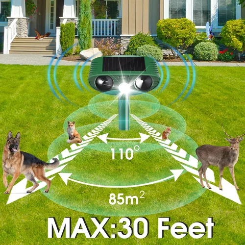 Vista 6 de Repelente de gatos para exteriores, paquete de 2 repelentes solares de animales, disuasorio ultrasónico para gatos con sensor de movimiento PIR