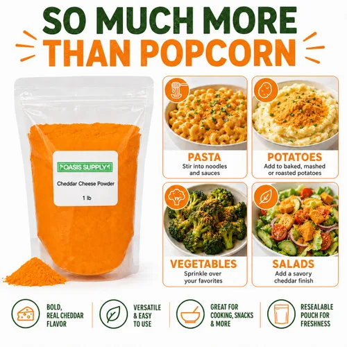 Vista 4 de Oasis Supply - Queso cheddar en polvo, condimento rico y salado para palomitas de maíz, pretzels, pasta, papas, salsas, salsas y aperitivos, 8 onzas