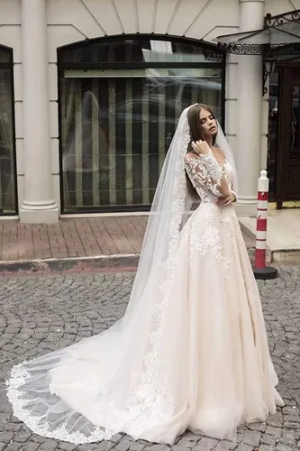 Vista 8 de Vestidos de novia de encaje para novia apliques de tul vestido de baile de manga larga vestido de novia de satén vestido de novia de sirena de noche