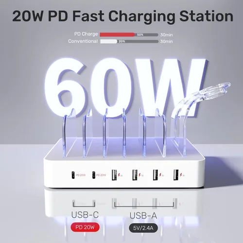 Vista 2 de Unitek Estación de carga USB múltiple – Base de carga USB C de 6 puertos con 2 PD de 20 W, organizador de estación de carga de múltiples