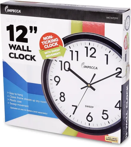Vista 3 de Impecca WCW12M1 Reloj de pared con movimiento de barrido sin tictac, 12 pulgadas, color negro