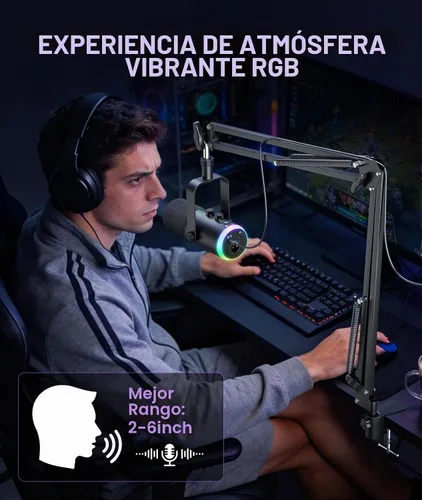 Vista 4 de Micrófono dinámico para juegos Modo dual USB/XLR Kit de micrófono de brazo RGB con silencio de un solo toque, monitor de auriculares, control