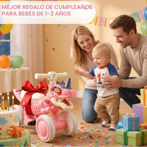 Vista 8 de Bicicleta de equilibrio para bebés de 1 año de edad, bicicletas de equilibrio de dinosaurio con sonidos, música y efectos de pulverización Rosa