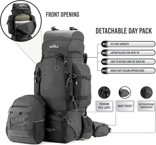 Vista 3 de Tripole Colonel Pro - Mochila con marco de metal, apertura frontal, bolsa desmontable, Negro