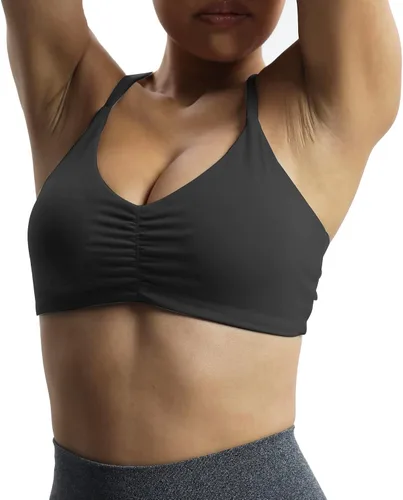Vista 4 de Aoxjox Brasier deportivo de entrenamiento para mujer, camiseta sin mangas con espalda cruzada, fruncida, con relleno, para yoga