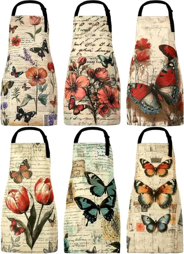 Vista 8 de Bencailor 6 delantales de cocina de verano con bolsillos, diseño de flores, gallo, abeja, mariposa, girasol, delantales de verano a granel