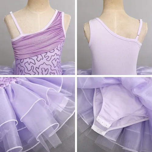Vista 6 de IDOPIP Vestido de ballet con volantes y falda tutú para niñas pequeñas, con lentejuelas y flores, de 3 a 10 años