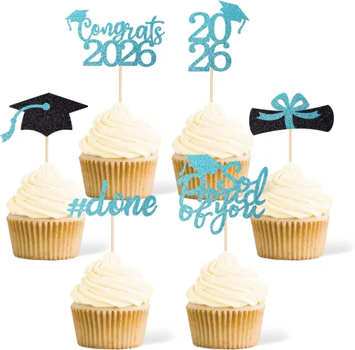 Vista 5 de 36 adornos para cupcakes de graduación de clase 2026, con purpurina azul de doble cara para suministros de fiesta de graduación, decoraciones