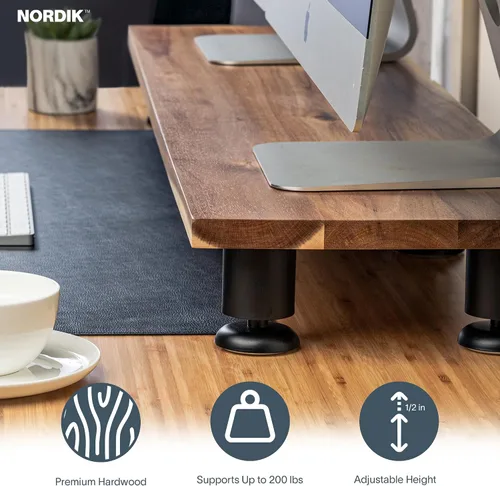 Vista 7 de Nordik - Elevador grande de doble monitor para 2 – 42.5 pulgadas de madera dura de acacia hecha a mano – Estante de madera organizador de escritorio