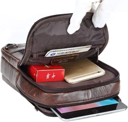 Vista 7 de Hebetag Bolso bandolera de cuero pequeño para hombres y mujeres, para viajes al aire libre, negocios