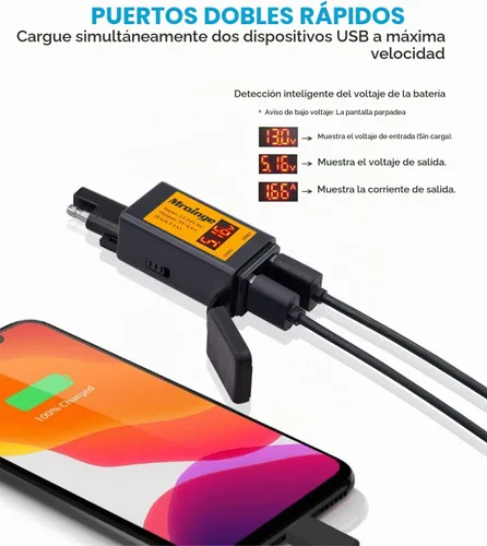 Vista 3 de Cargador USB para motocicleta, adaptador Mroinge 4.8A SAE a USB con voltímetro y amperímetro, enchufe de desconexión rápida con cargador USB doble