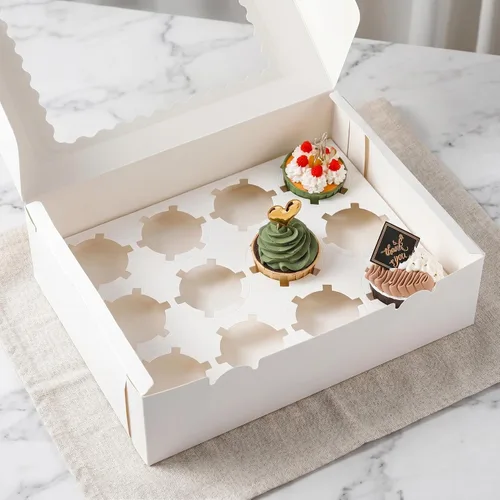 Vista 8 de Paquete de 20 cajas para cupcakes, 12 unidades, recipientes de papel blanco para cupcakes con insertos y ventana, contenedor de panadería, docena