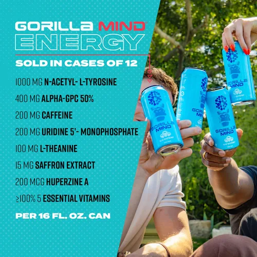 Vista 5 de Gorilla Mind Bebida energética Energía inigualable · Enfoque amplificado N-acetil-L-tirosina, alfa-GPC, 200 mg de cafeína, uridina, azafrán 0