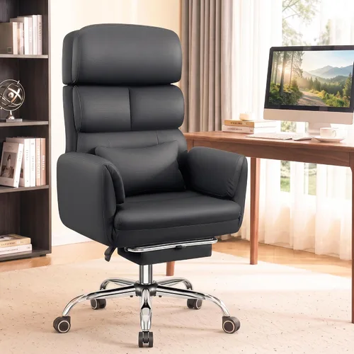 Vista 9 de Silla de oficina de cuero grande y alta, brazos abatibles con Beige