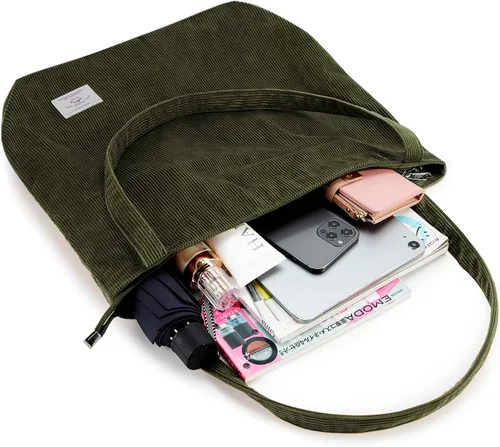 Vista 6 de KALIDI - Bolsa de pana para mujer, con cremallera, casual, de gran capacidad, con bolsillos