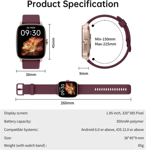Vista 9 de Relojes inteligentes para mujeres y hombres con llamada Bluetooth y voz AI, monitor de actividad física HD de 1.85 pulgadas con monitor de sueño