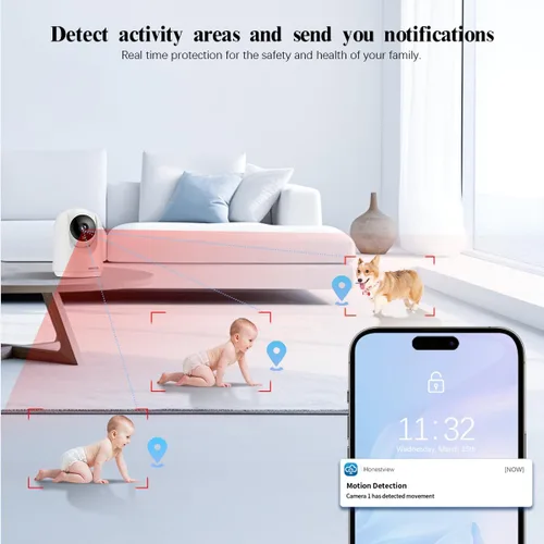 Vista 4 de OOSSXX Cámara de seguridad interior de audio de 2.7 K de 2 vías, monitor de bebé y monitor de mascotas, PTZ Nanny Cam Cámaras inalámbricas