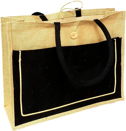 Vista 5 de SONA G DESIGNS Yute de estilo vintage con bolsillo de algodón negro reutilizable bolsa de compras grande