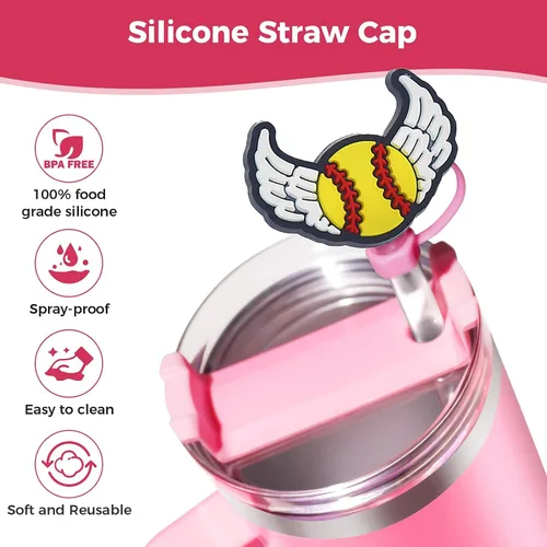 Vista 3 de 6 piezas de cubiertas de popote de béisbol para vasos Stanley – Lindas tapas reutilizables de silicona de 10 mm para vasos de 30 oz/40 oz con asa
