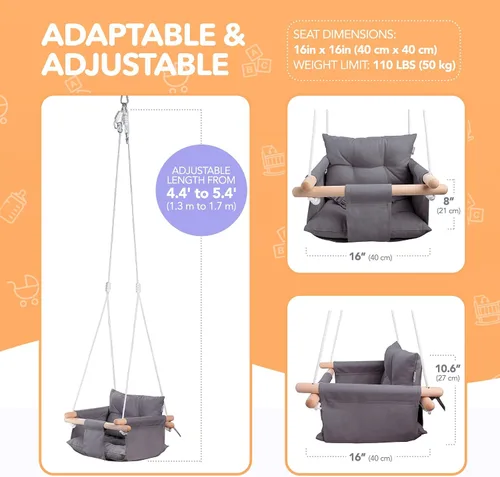 Vista 4 de CaTeam Asiento de columpio de lona para bebé con cinturón de seguridad de 5 puntos, columpio colgante de madera para niños pequeños, interior y Gris