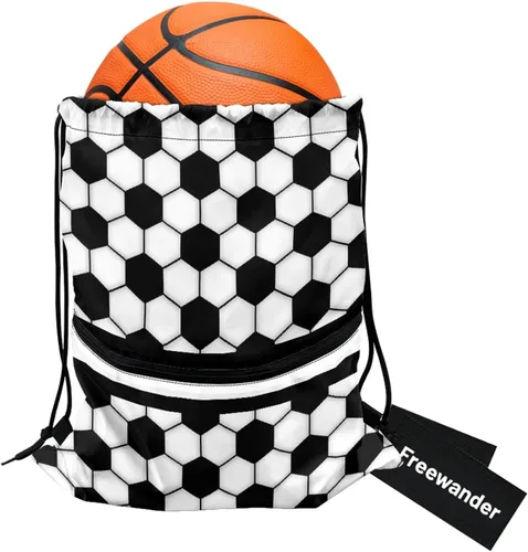 Vista 9 de Mochila con cordón para hombres y mujeres, bolsa de cordón para niños y niñas, con compartimento con cremallera, Fútbol, Classic